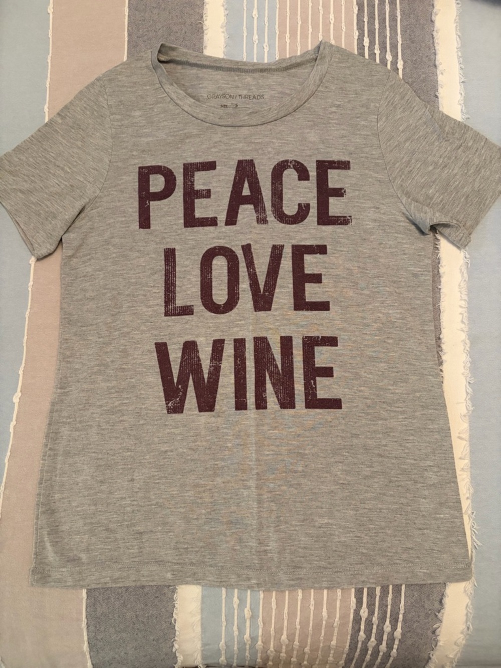 Grayson Threads Gray Tee with Burgundy "PEACE LOVE WINE" Print